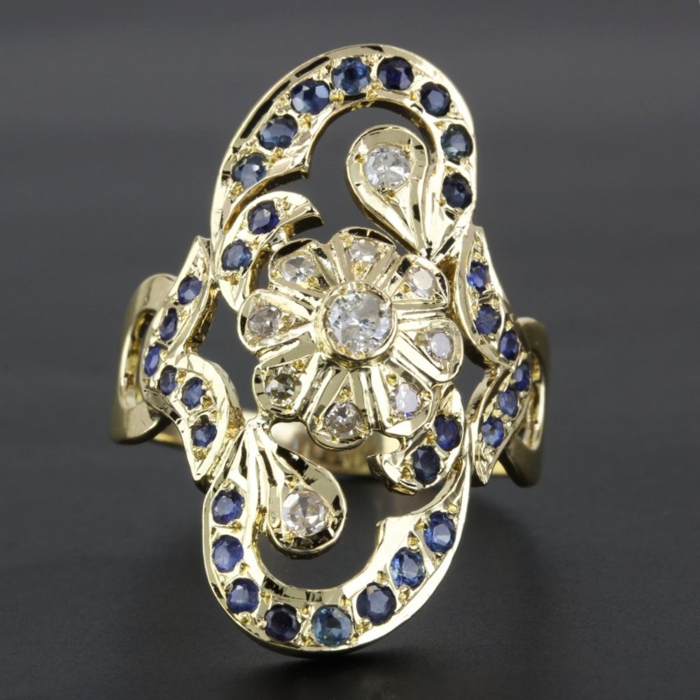 18k Yellow Gold Diamond & Blue Sapphire Flower Floral Anniversary Statement Ring - Picture 7 of 8